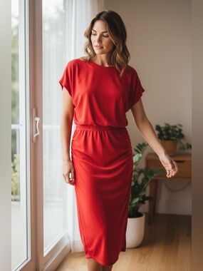Michael Stars PIPPA GATHERED EMPIRE MIDI DRESS ULTRA RIB CHERRY Red
